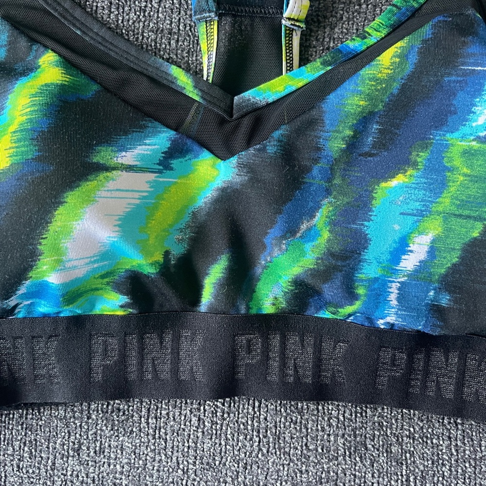 PINK Victoria's Secret | Size M | Black Sports Bra with Blue & Neon Green Print - Picture 2 of 11
